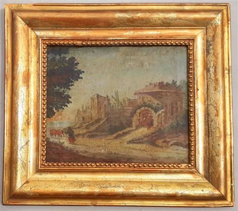 TABLEAU ANCIEN HUILE sur toile Cadre Paysage Animé Aux Ruines EUR 80 00