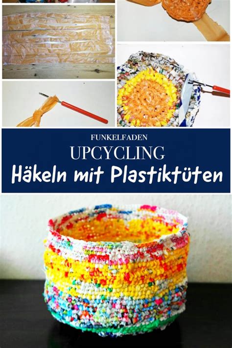 Upcycling Häkeln mit Plastiktüten Anleitung Utensilo häkeln