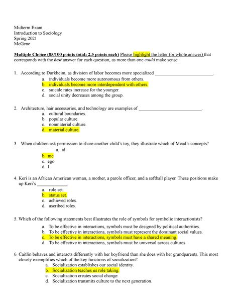 Midterm For Soci Midterm Exam Introduction To Sociology Spring