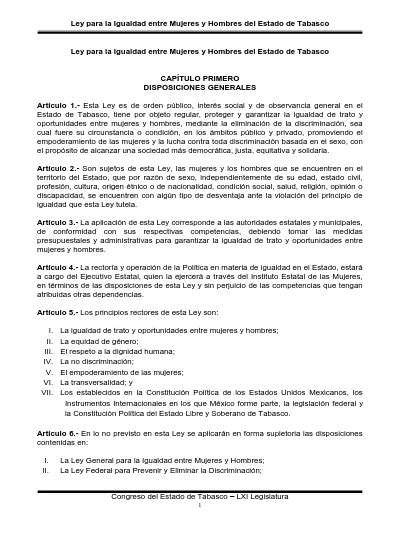 Ley Para La Igualdad Entre Mujeres Y Hombres Del Estado De Tabasco Ley