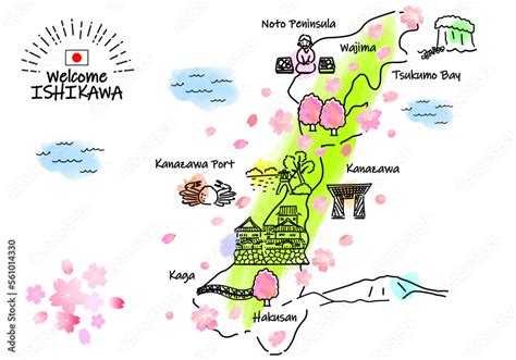 春の石川県の観光地のシンプル線画イラストマップ Vector De Stock Adobe Stock