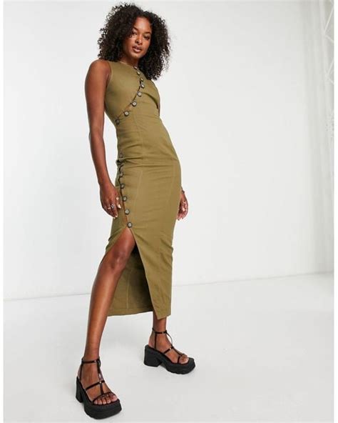 Asos Asos Design Tall Asymmetric Horn Twill Button Maxi Dress With Split Detail In Green Lyst Uk