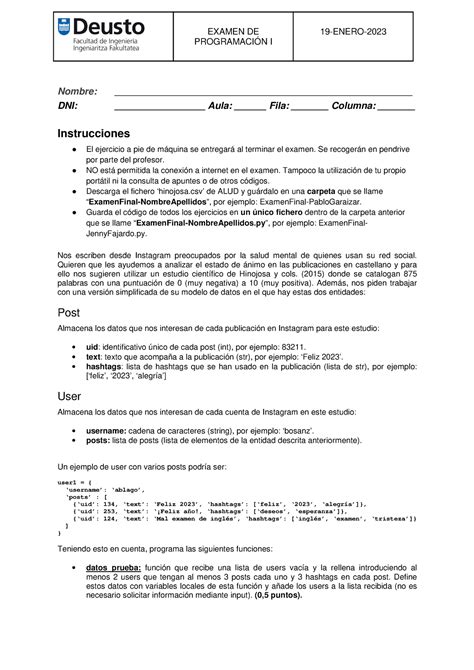 Examen Prog 1 2021 EXAMEN DE PROGRAMACIÓN I 19 ENERO Nombre Studocu