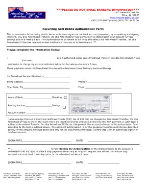 Fillable Online Recurring Ach Debit Authorization Form Template