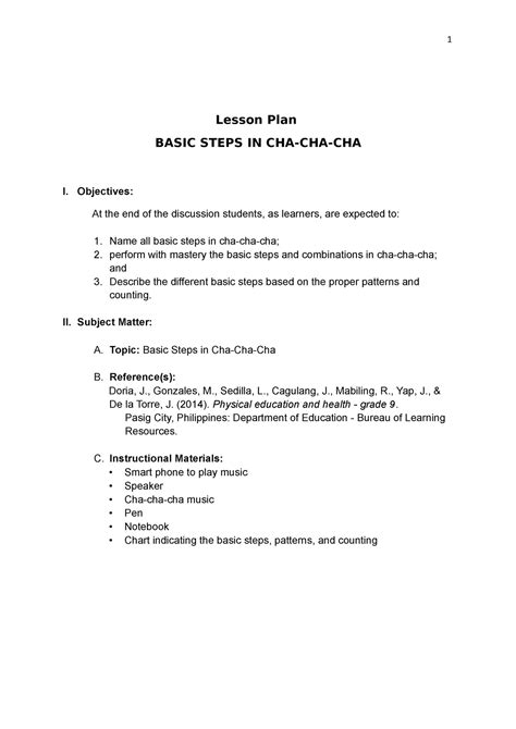 Lesson Plan In Dance None Lesson Plan Basic Steps In Cha Cha Cha I