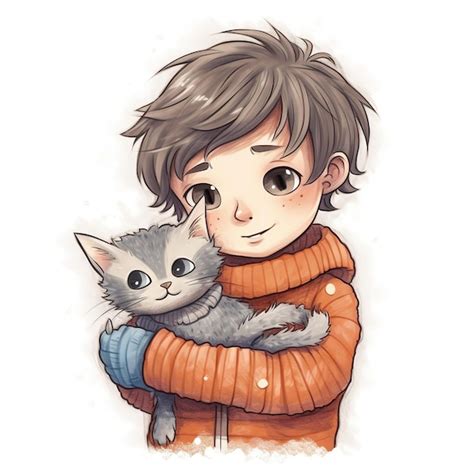 Premium AI Image | A drawing of a boy holding a cat.