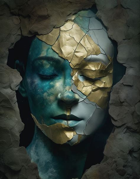 A Woman S Face With Cracked Paint And Gold Foil On Her Face As If She