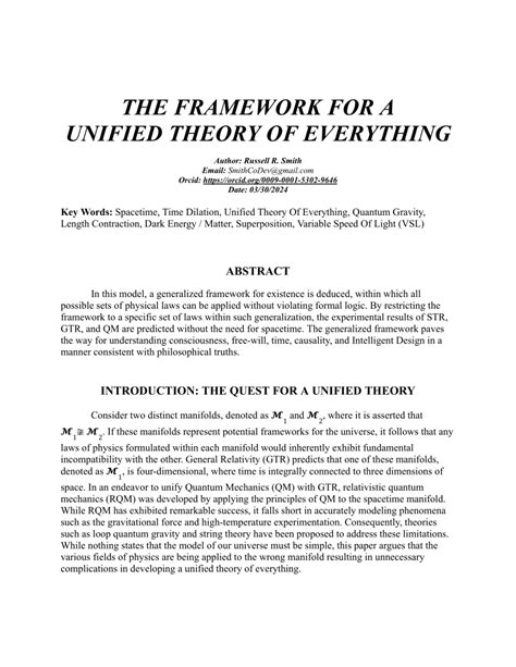 Pdf The Framework For A Unified Theory Of Everything