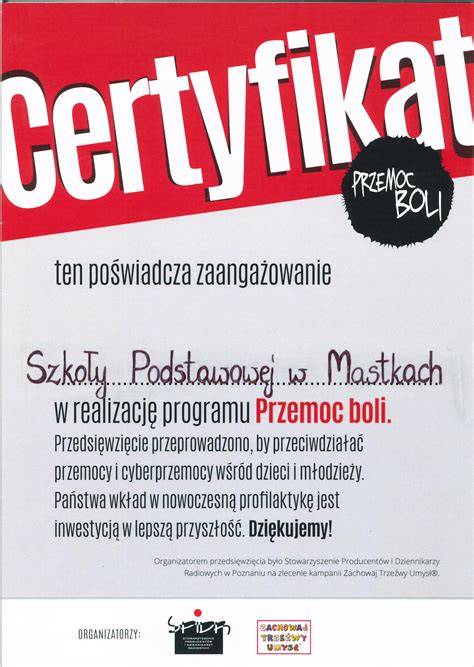 Certyfikaty podziekowania Szkoła Podstawowa im Józefa Ufy w Mastkach