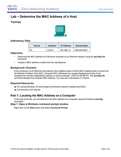 Lab Determine The Mac Address Of A Host Topology Addressing