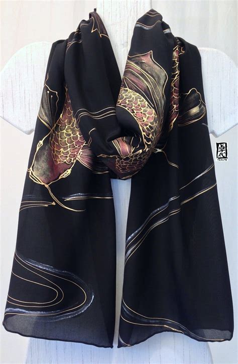 Black Silk Scarf Handpainted Japanese Gold And Red Koi Scarf Etsy