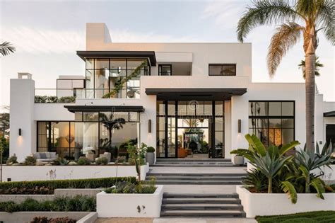 Modern Symmetrical Villa House With Large Windows And Glass Doors On Sunny Summer Day Macro Ai