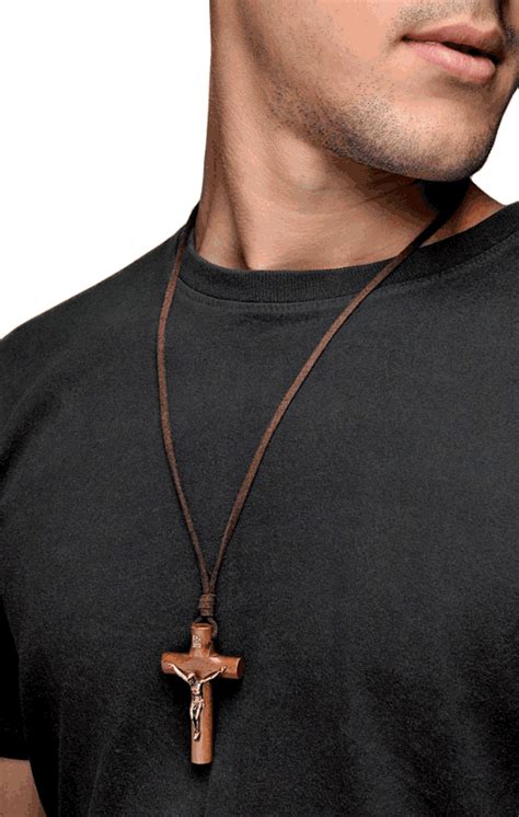 Wooden Cross Necklace Leather Cord For Men