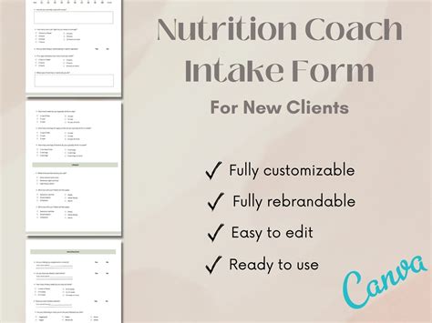 Nutrition Coach Intake Form Coaching New Client Information Health Coach Wellness Coach