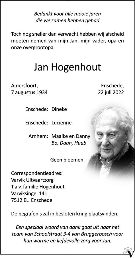 Jan Hogenhout Overlijdensbericht En Condoleances Mensenlinq Nl