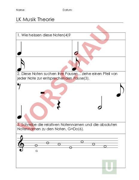 Arbeitsblatt Musiktest Theorie Musik Musiktheorie Noten