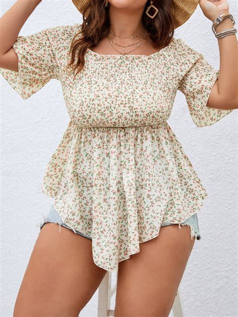 Shein Lune Plus Ditsy Floral Shirred Peplum Blouse Shein Usa