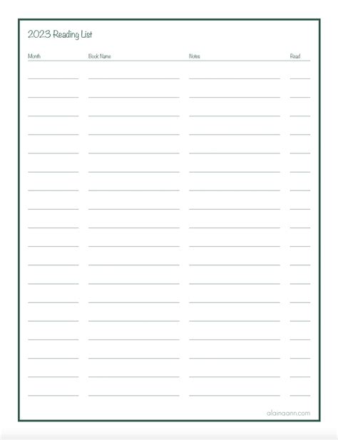 2023 Reading List Printable — Alaina Ann