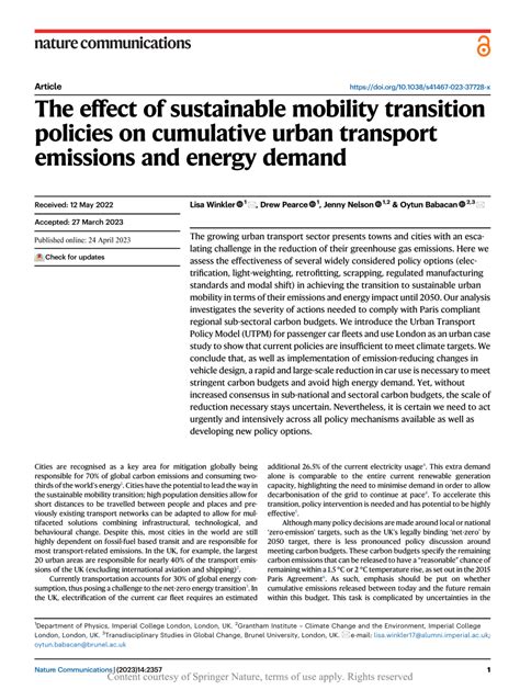 Pdf The Effect Of Sustainable Mobility Transition Policies On Cumulative Urban Transport