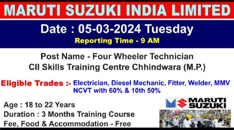 Maruti Suzuki Technician Recruitment 2024 ITI Electrician Fitter