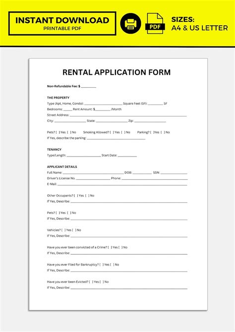 Rental Application Form Rental Application Form Template Printable Rental Application Form Etsy