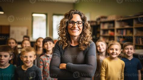 Ai Generated Portrait Of Middle Aged Female Teacher Smiles With Arms Crossed In Classroom Full