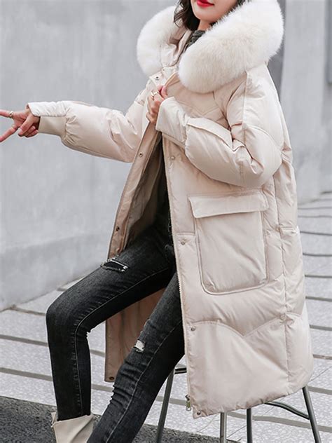 Puffer Coats For Women Light Sky Blue Faux Fur Collar Hooded Zipper Long Sleeves Casual Thicken