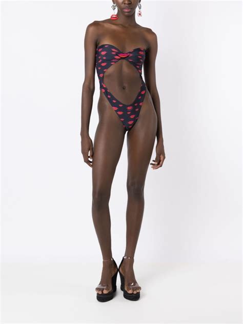 Amir Slama Lip Print Cut Out Swimsuit Farfetch