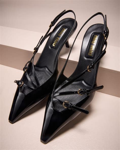 Miu Miu Patent Buckle Trio Slingback Pumps Kitten Heel Shoes