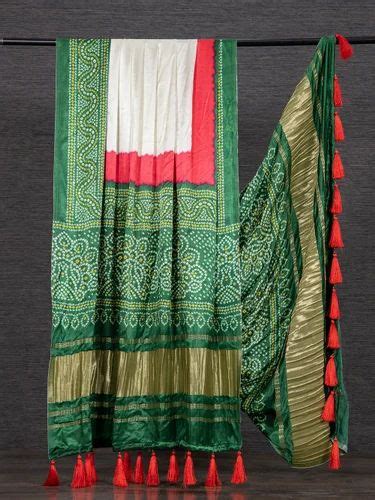 White Color Pure Gaji Silk Bandhani Printed Dupatta With Tassels At Rs