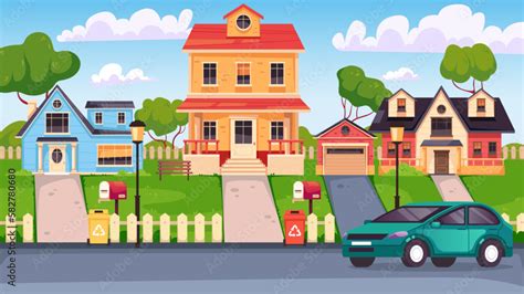 Neighborhood Street Cartoon House Home City Small Town Village Concept