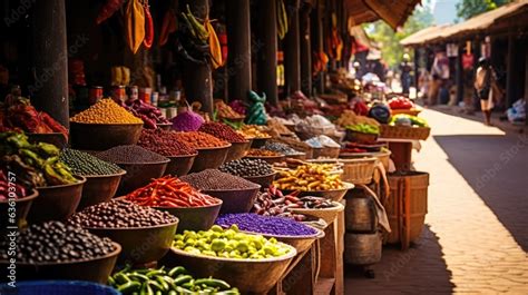 Vibrant Market Stalls Adorned With Exotic Fruits Textiles And Crafts