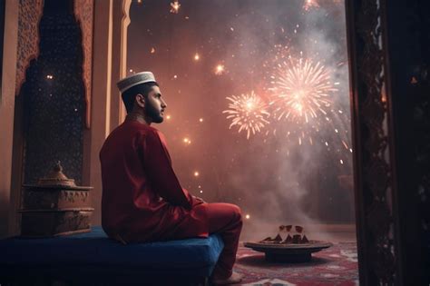 Premium Ai Image A Man Sits In Front Of Fireworks At A Mosque