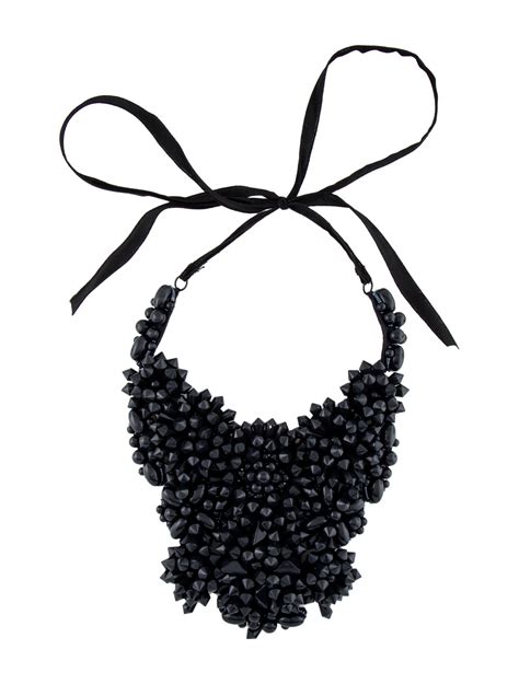 Prada Resin Bead And Fabric Bib Necklace Black Collar Necklaces