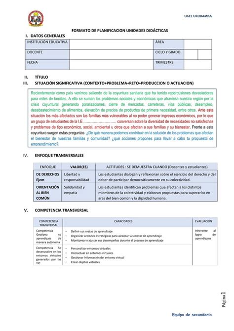 Esquema De Unidad Didactica Ugel Urubamba Docx