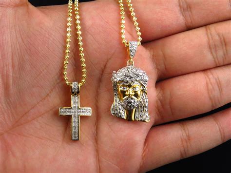 Genuine Diamond Yellow Gold Finish Mini Micro Jesus Pendant And Cross