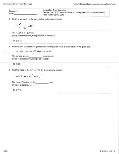 Final Exam Review Practice Calc 2 Mat 202 Studocu