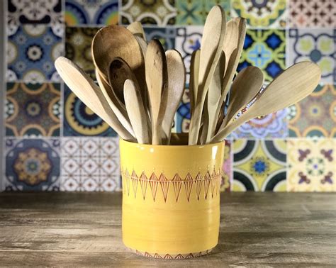 Yellow Utensil Holder Ceramic Utensil Crock In Mango Glaze Etsy Utensil Holder Utensil