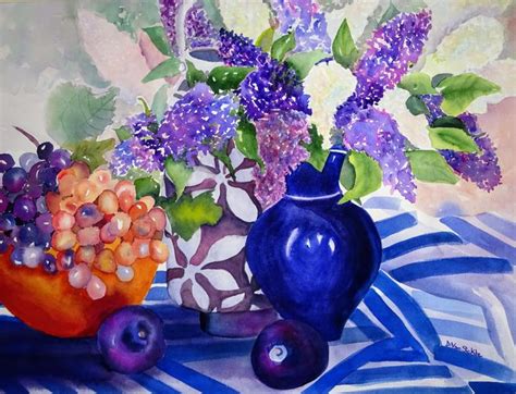 Lilacs And Grapes On A Blue Striped Darlene Van Sickle Paintings