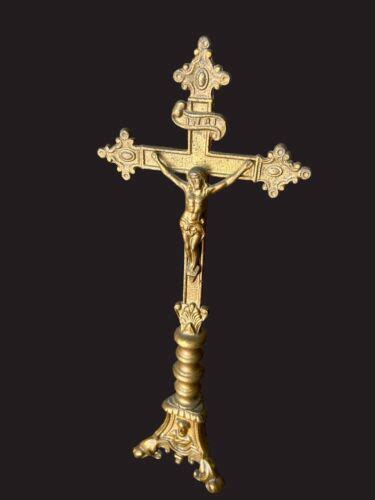 Antique Brass Freestanding Altar Cross Inri Crucifix Jesus Mary Joseph