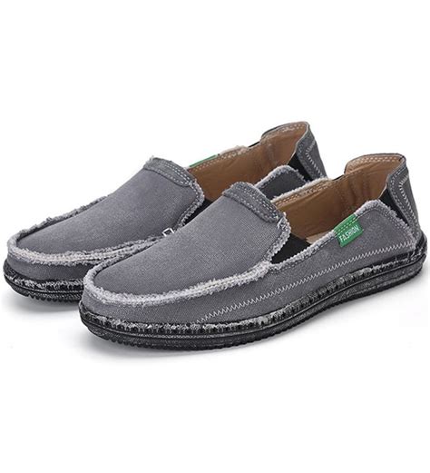 Mens Slip On Deck Shoes Canvas Loafer Vintage Flat Boat Shoes Gray