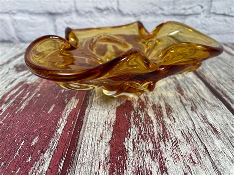 Vintage 1970s Hand Blown Chalet Style Amber Glass Bowl Or Ashtray Etsy