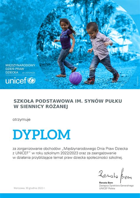 Dyplom Unicef Dla Naszej Szko Y Szko A Podstawowa Im Syn W Pu Ku W