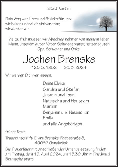 Traueranzeigen Von Jochen Brenske Noz Trauerportal