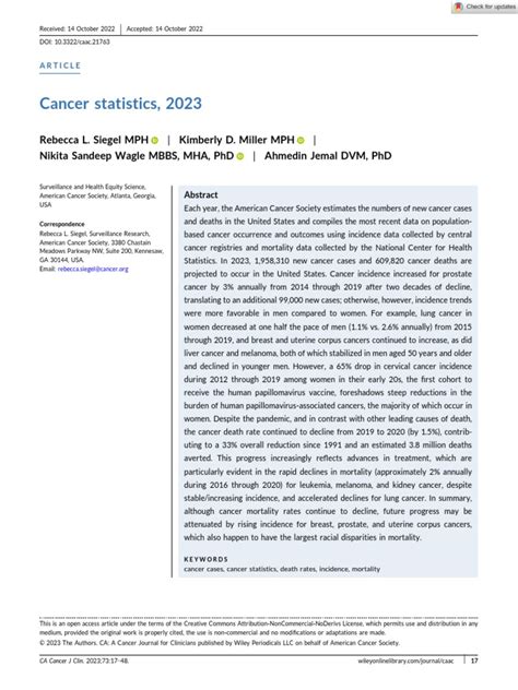 Ca A Cancer J Clinicians 2023 Siegel Cancer Statistics 2023 Pdf