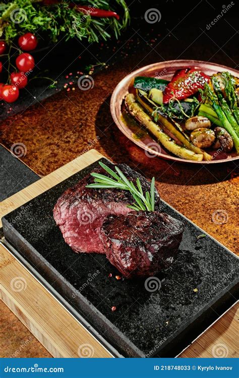 Fermented Steak Grilled Steak Medium With Grilled Vegetables On Black