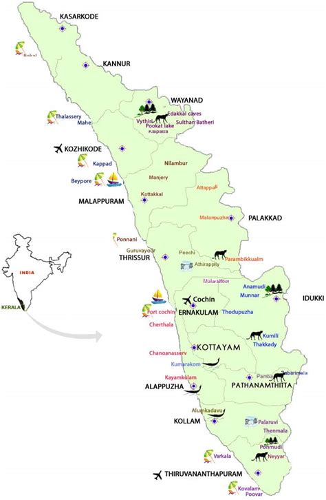 Kerala, photos kerala, India. Holidays, how to get to the beaches of Kerala, map, Kerala, India ...