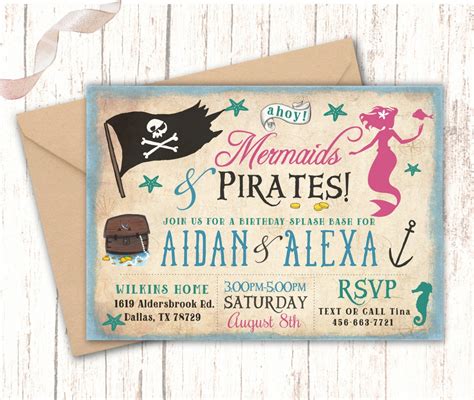 Mermaid And Pirates Birthday Invitations Swim Pool Party Etsy