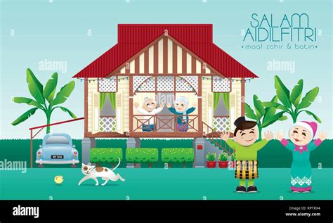 gambar suasana hari raya  kampung kartun perayaan  malaysia