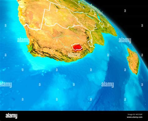 Space Orbit View Of Lesotho Highlighted In Red On Planet Earth With